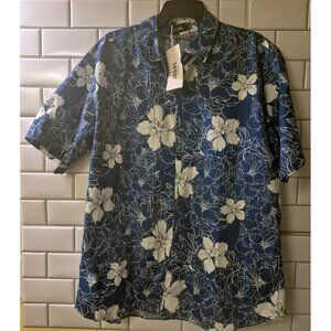 Jogal Men's Shirt XL Button-Up Blue Tropical Flowers Hawaiian Short Sleeve